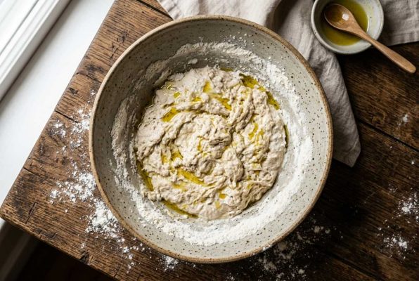 Pâte de la schiacciata toscane : levain aéré arrosé d’huile d’olive dans un grand bol en céramique. Première étape de ce pain plat italien moelleux et parfumé.