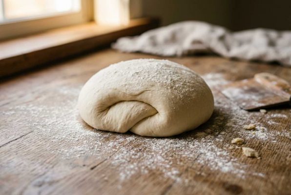 Pâte de la schiacciata toscane en repos : boule de levain lisse et légèrement farinée sur table en bois. Première étape de ce pain plat italien moelleux à l’huile d’olive.