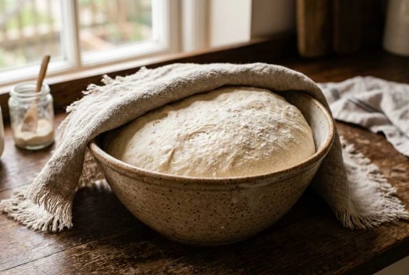 Pâte de la schiacciata en pousse : gros bol de levain aéré recouvert d’un linge sur table en bois. Étape clé de ce pain plat italien moelleux à l’huile d’olive.