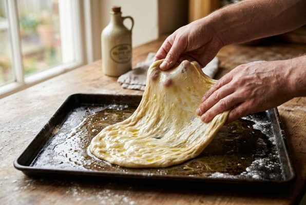 Façonnage de la schiacciata toscane : étirage de la pâte très élastique et huilée sur une plaque de cuisson. Pain plat italien moelleux et parfumé à l’huile d’olive.
