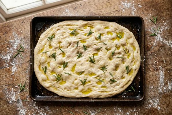 Schiacciata toscane prête à cuire : pâte étalée sur plaque, parsemée de romarin frais et arrosée d’huile d’olive. Pain plat italien moelleux et parfumé.