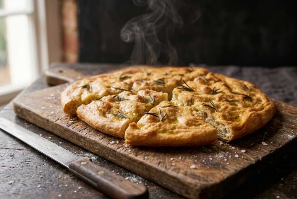 Schiacciata toscane chaude : pain plat italien doré, moelleux et parfumé au romarin et huile d’olive, tranché sur planche en bois. Spécialité rustique parfaite à l’apéritif.