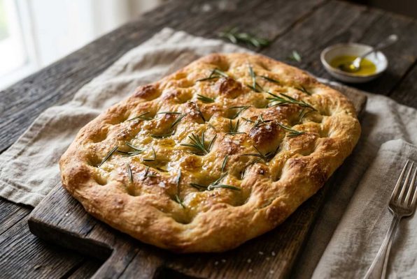 Schiacciata toscane : pain plat italien doré et moelleux, parsemé de romarin frais et d’huile d’olive. Spécialité rustique de la Toscane, parfaite en accompagnement ou à l’apéritif.