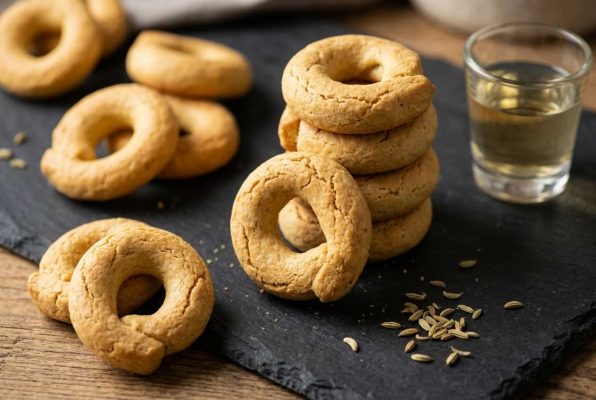 Beaux taralli italiens traditionnels, apéritif typique avec graines de fenouil et verre de vin blanc